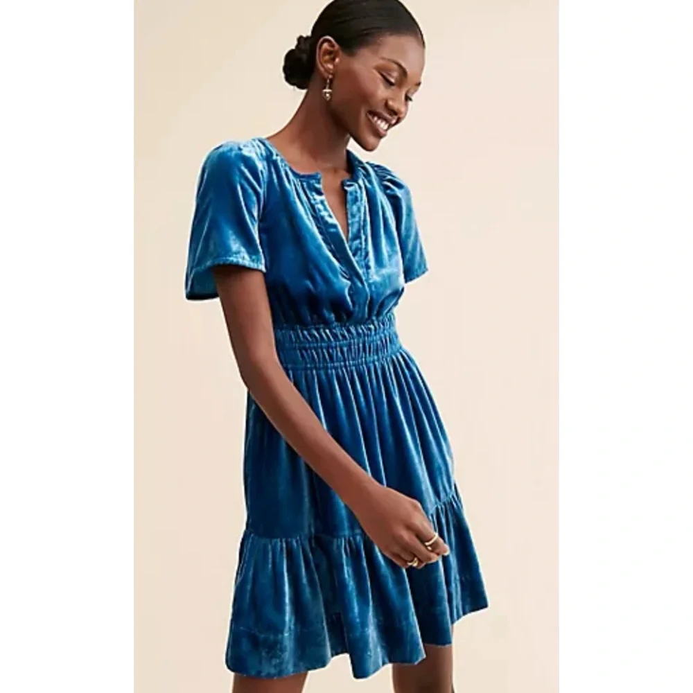 Anthropologie Somerset Blue Velvet Mini Dress Size M - Picture 3 of 16